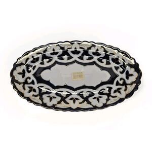 Vintage Oval Platter Uzbek Cotton Flower Design Porcelain Plate Blue Gold Rim